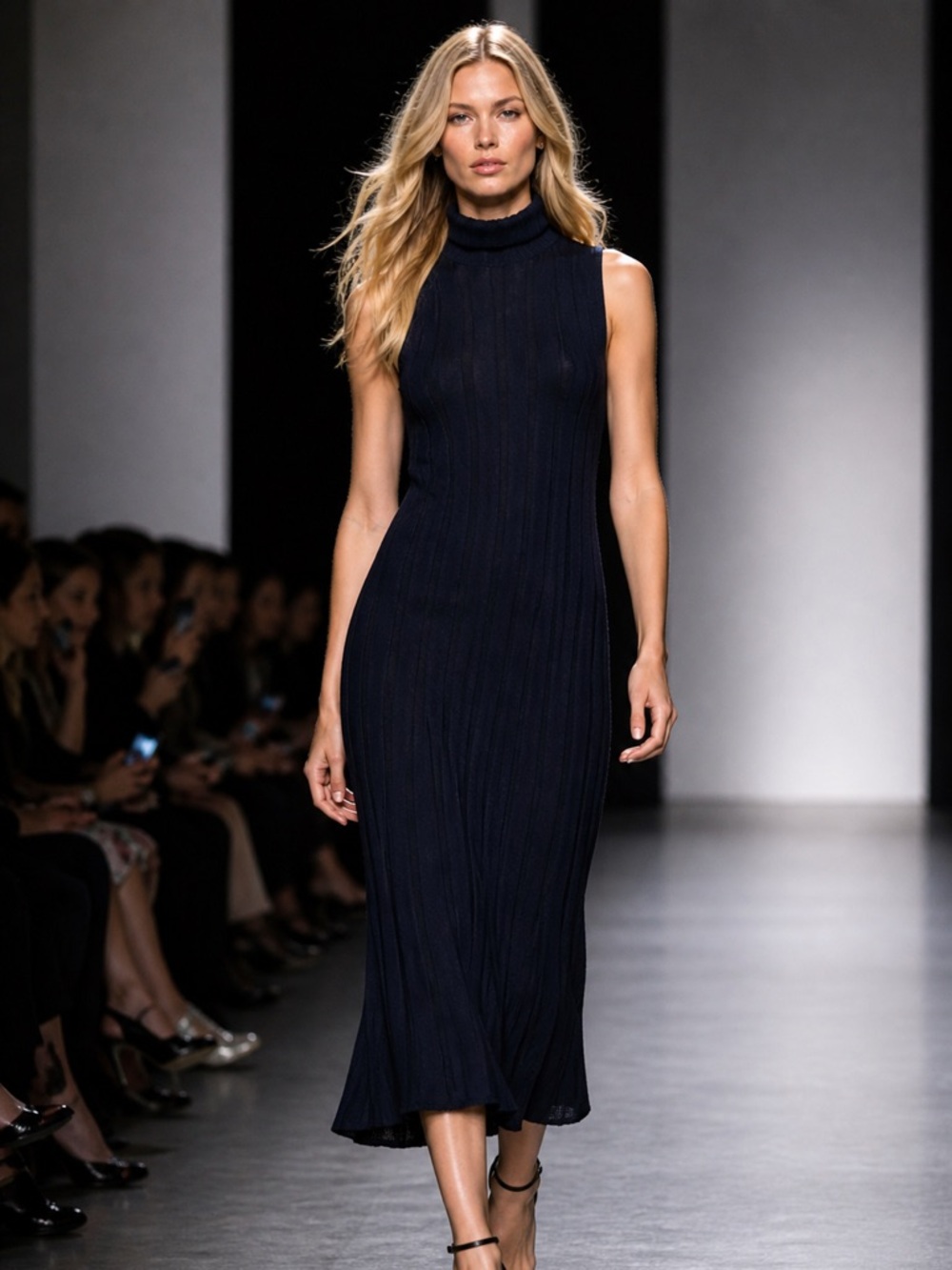 MELI Ribbed Sleeveless Turtleneck Midi Dress Navy Blue Size M Chic Minimalist